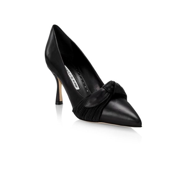 Manolo Blahnik Shoes - Manolo Blahnik Papaita Pleated Leather Pumps with Bow Accent Black Size 36